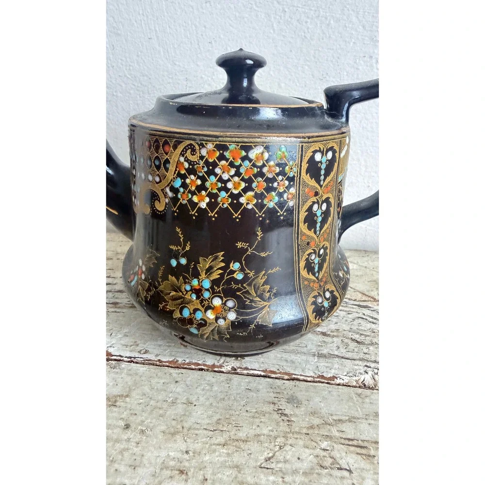 Vintage Price Bros England M&M No 8 Black Moriage Floral Teapot Gold Gilt CSGC